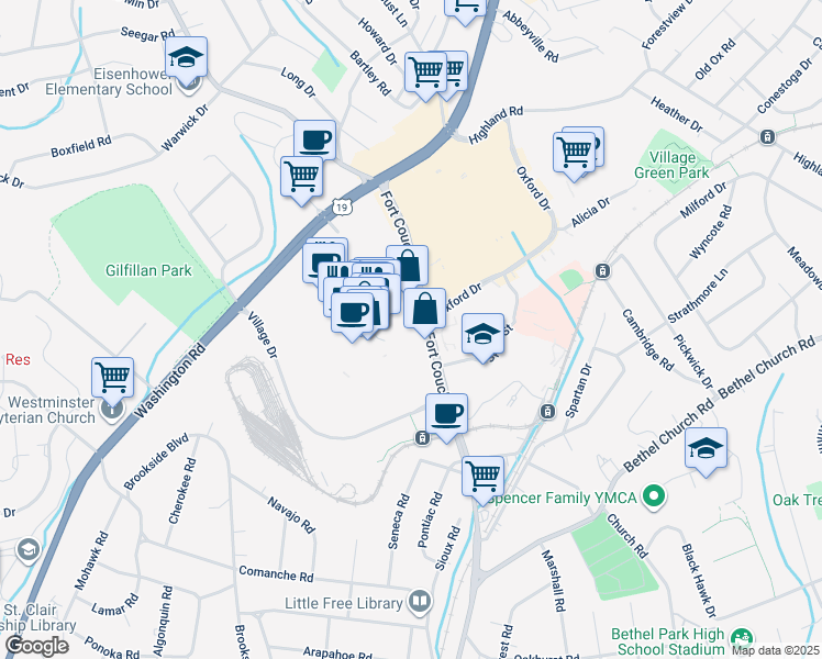 map of restaurants, bars, coffee shops, grocery stores, and more near 201 South Hills Village in Pittsburgh
