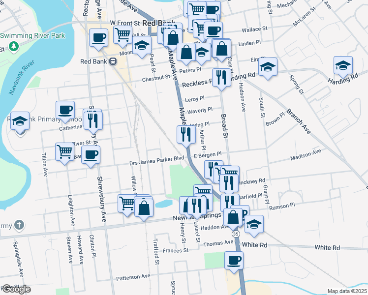 map of restaurants, bars, coffee shops, grocery stores, and more near 244 New Jersey 35 in Red Bank