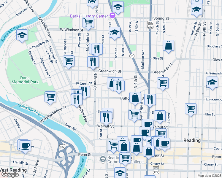 map of restaurants, bars, coffee shops, grocery stores, and more near 437R North 2nd Street in Reading