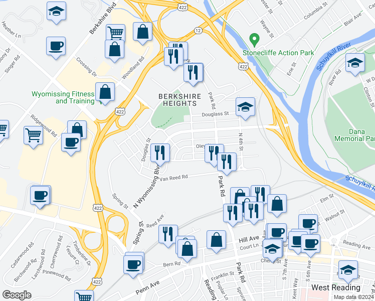 map of restaurants, bars, coffee shops, grocery stores, and more near 608 Oley Street in Wyomissing