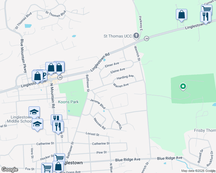 map of restaurants, bars, coffee shops, grocery stores, and more near 6225 Warren Avenue in Harrisburg