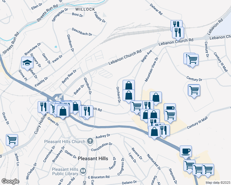 map of restaurants, bars, coffee shops, grocery stores, and more near 321 Orchard Dr in Pleasant Hills