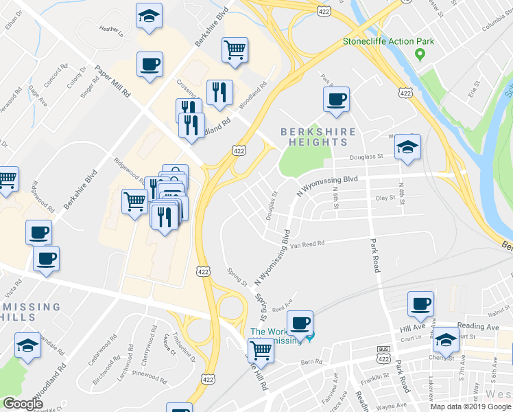 map of restaurants, bars, coffee shops, grocery stores, and more near 900 North 9th Street in Wyomissing
