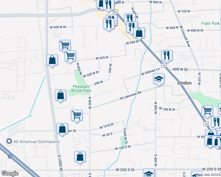 map of restaurants, bars, coffee shops, grocery stores, and more near 648 West 250 North in Lindon