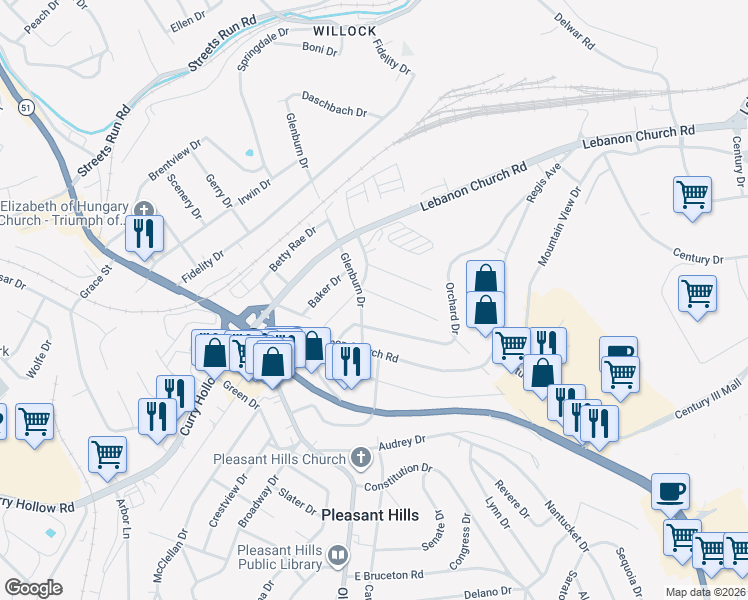 map of restaurants, bars, coffee shops, grocery stores, and more near 12 Melvin Drive in Pittsburgh