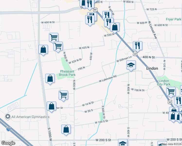 map of restaurants, bars, coffee shops, grocery stores, and more near 648 West 250 North in Lindon