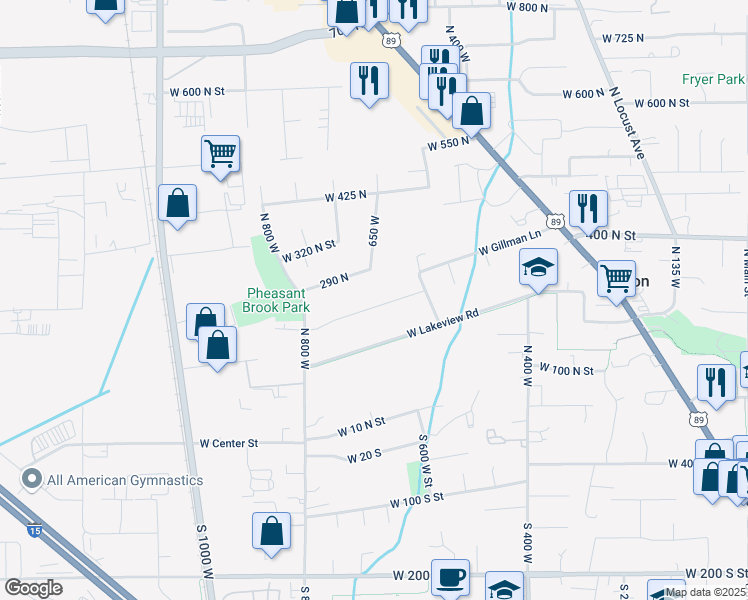 map of restaurants, bars, coffee shops, grocery stores, and more near 648 West 250 North in Lindon