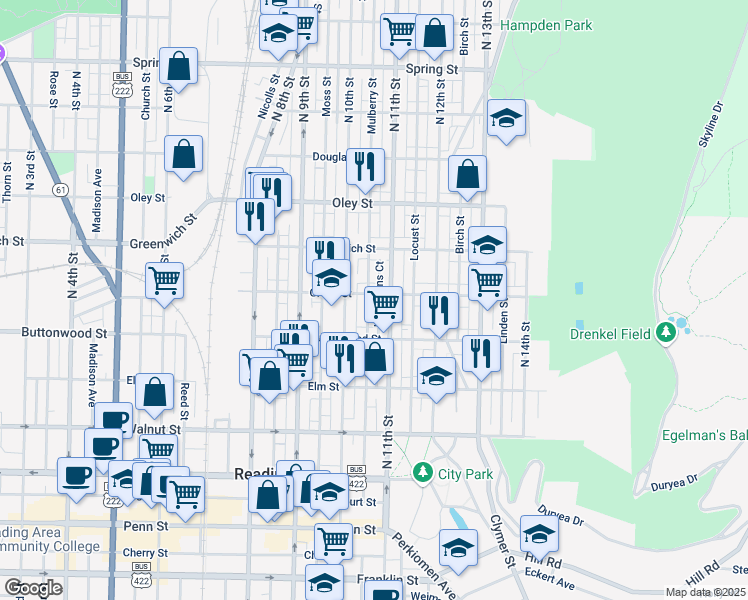 map of restaurants, bars, coffee shops, grocery stores, and more near 1032 Green Street in Reading