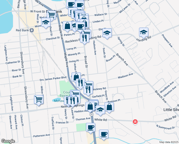 map of restaurants, bars, coffee shops, grocery stores, and more near 285 Broad Street in Red Bank