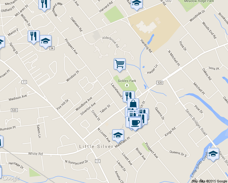 map of restaurants, bars, coffee shops, grocery stores, and more near 28 Laurelwood Drive in Little Silver