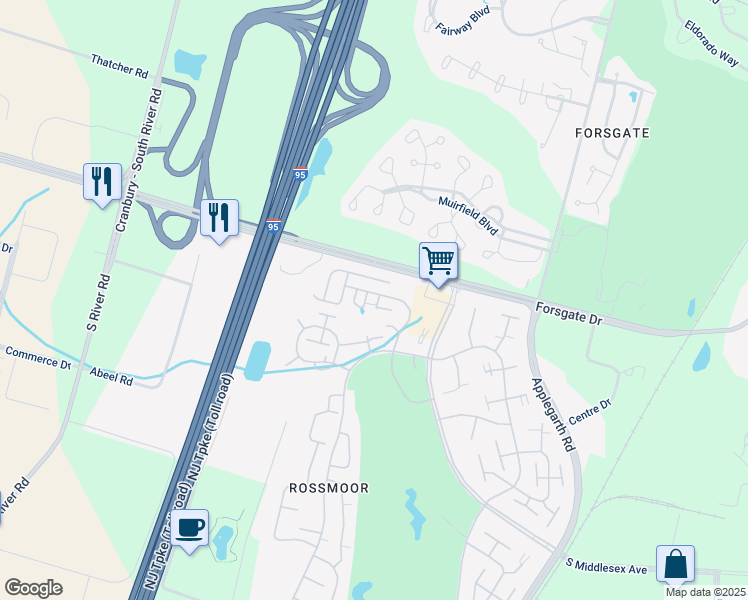 map of restaurants, bars, coffee shops, grocery stores, and more near 14 Sussex Way in Monroe Township