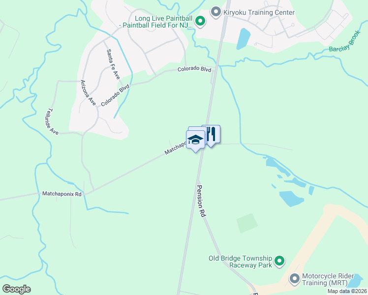 map of restaurants, bars, coffee shops, grocery stores, and more near 305 Matchaponix Road in Monroe Township