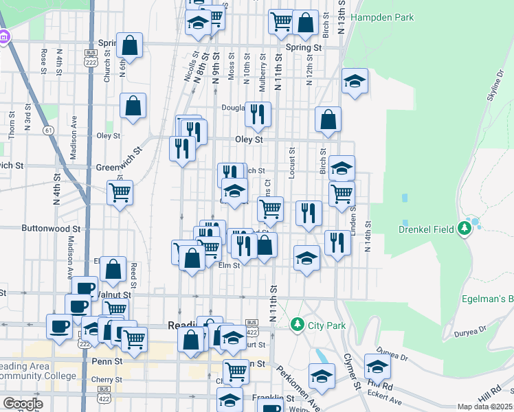map of restaurants, bars, coffee shops, grocery stores, and more near 1038 Green Street in Reading