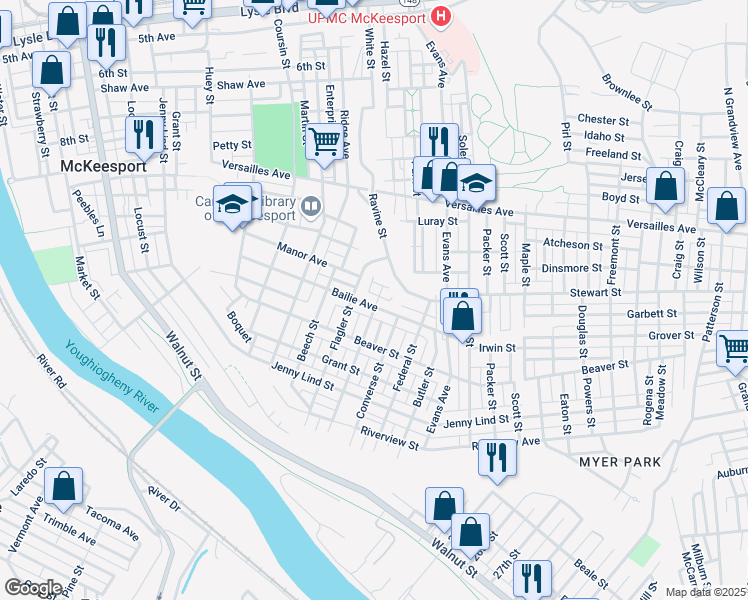 map of restaurants, bars, coffee shops, grocery stores, and more near 1817 Bailie Avenue in McKeesport