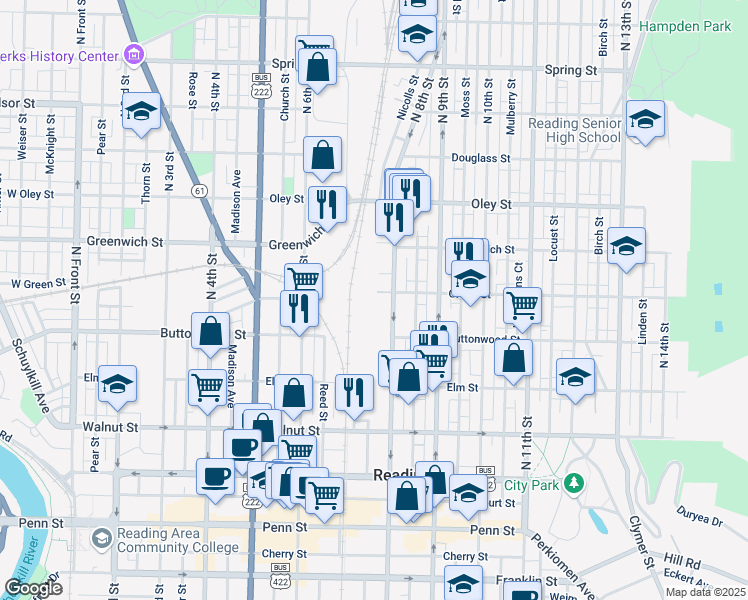 map of restaurants, bars, coffee shops, grocery stores, and more near 416R North 8th Street in Reading