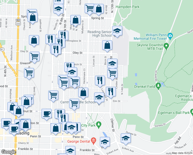 map of restaurants, bars, coffee shops, grocery stores, and more near 1156 Green Street in Reading