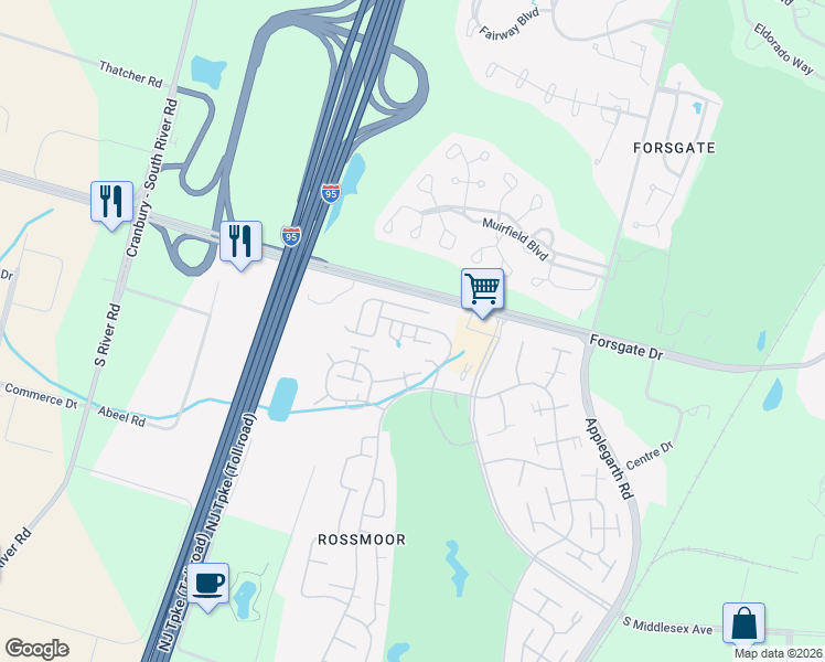 map of restaurants, bars, coffee shops, grocery stores, and more near 14B Sussex Way in Monroe Township