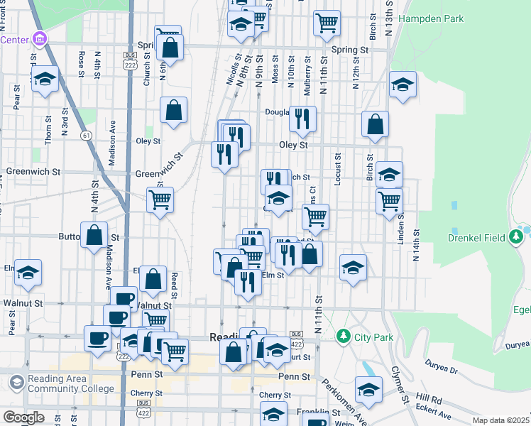 map of restaurants, bars, coffee shops, grocery stores, and more near 431 North 9th Street in Reading