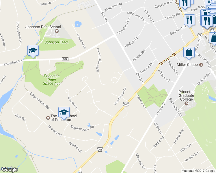 map of restaurants, bars, coffee shops, grocery stores, and more near 19 Constitution Hill West in Princeton