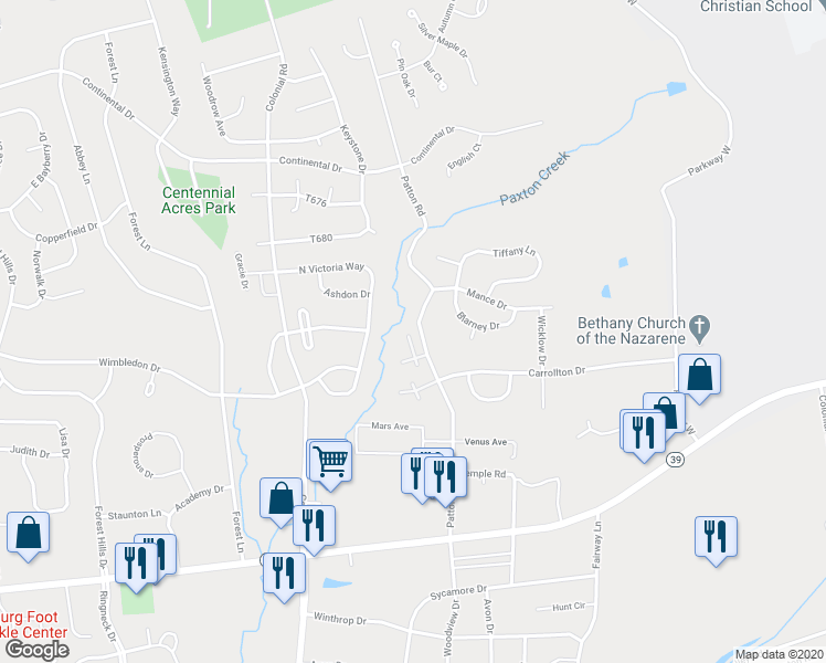 map of restaurants, bars, coffee shops, grocery stores, and more near 79 Fairfax Village in Harrisburg