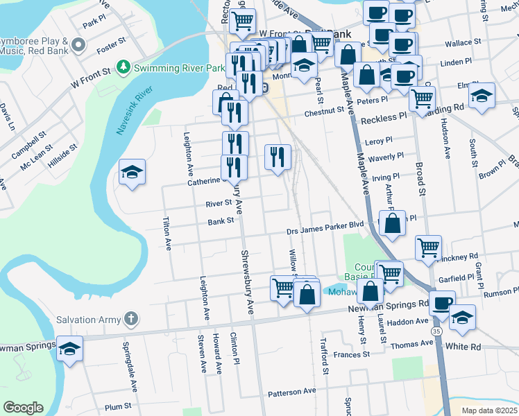 map of restaurants, bars, coffee shops, grocery stores, and more near 232 South Bridge Avenue in Red Bank