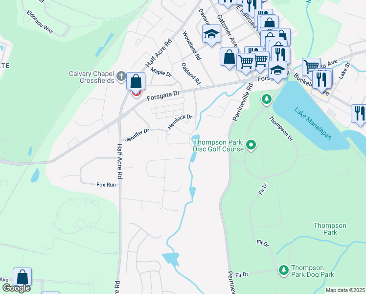 map of restaurants, bars, coffee shops, grocery stores, and more near 34 Dayna Drive in Monroe Township