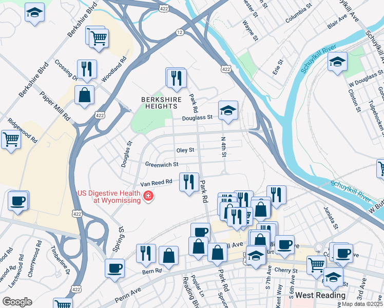 map of restaurants, bars, coffee shops, grocery stores, and more near 523 East Greenwich Street in Wyomissing