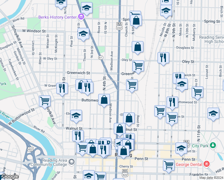 map of restaurants, bars, coffee shops, grocery stores, and more near 433 Woodward Street in Reading