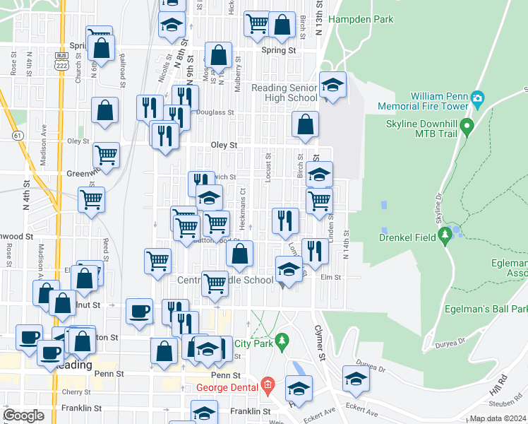 map of restaurants, bars, coffee shops, grocery stores, and more near 1122 Green Street in Reading