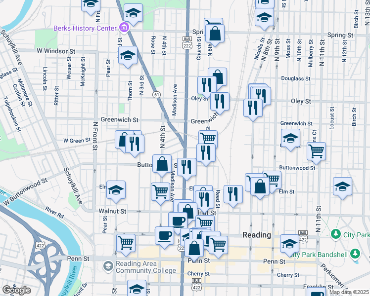map of restaurants, bars, coffee shops, grocery stores, and more near Woodward Street in Reading