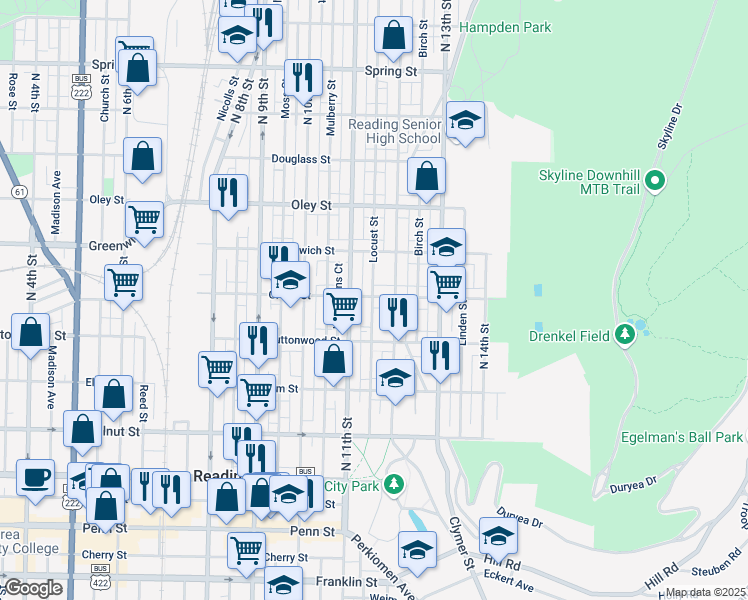 map of restaurants, bars, coffee shops, grocery stores, and more near 1130 Green Street in Reading