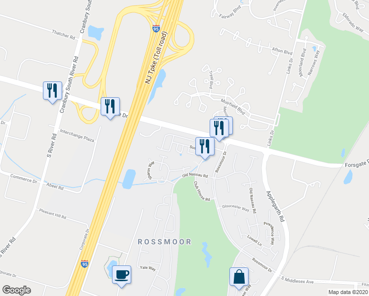 map of restaurants, bars, coffee shops, grocery stores, and more near 14B Sussex Way in Monroe Township