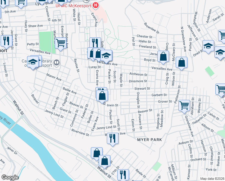 map of restaurants, bars, coffee shops, grocery stores, and more near 1509 Scott Street in McKeesport
