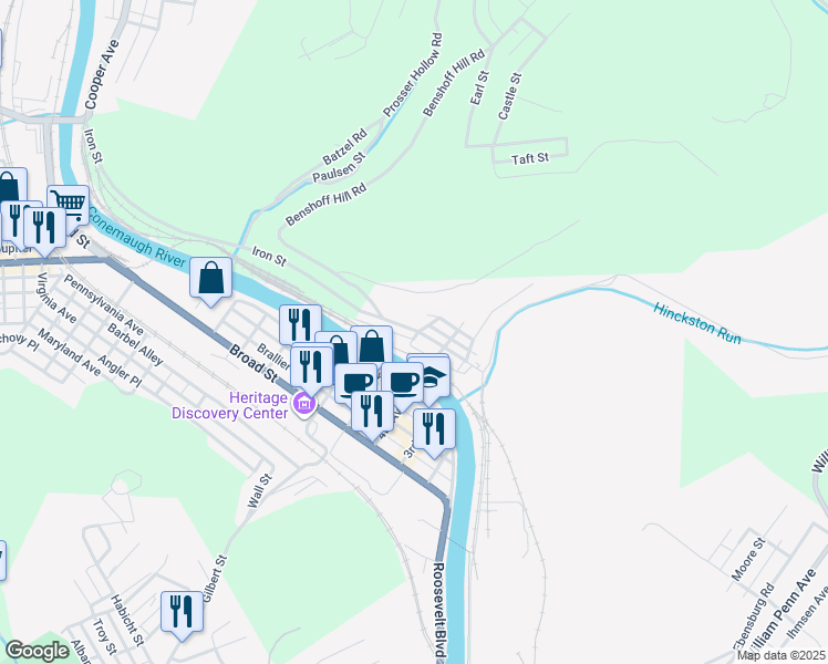 map of restaurants, bars, coffee shops, grocery stores, and more near 57-99 Connelly Avenue in Johnstown