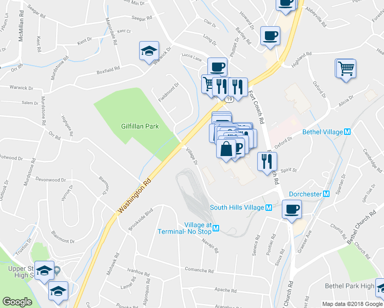 map of restaurants, bars, coffee shops, grocery stores, and more near 1308 Village Drive in Upper St. Clair