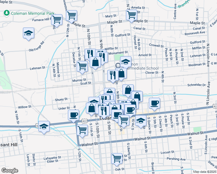 map of restaurants, bars, coffee shops, grocery stores, and more near 218 North 9th Street in Lebanon