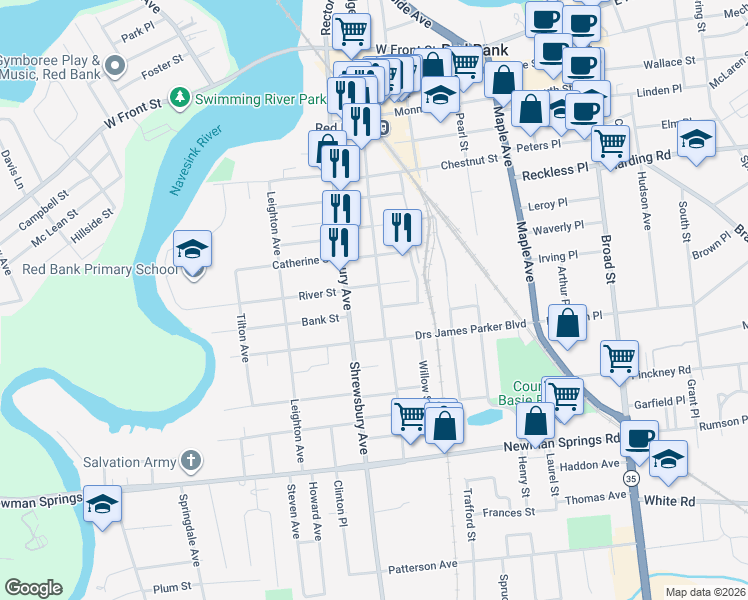 map of restaurants, bars, coffee shops, grocery stores, and more near 232 South Bridge Avenue in Red Bank