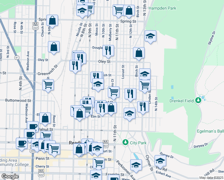 map of restaurants, bars, coffee shops, grocery stores, and more near 1038 Green Street in Reading