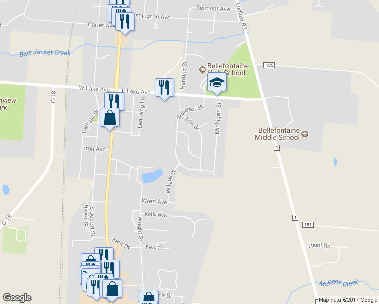 map of restaurants, bars, coffee shops, grocery stores, and more near 436 Ontario Avenue in Bellefontaine