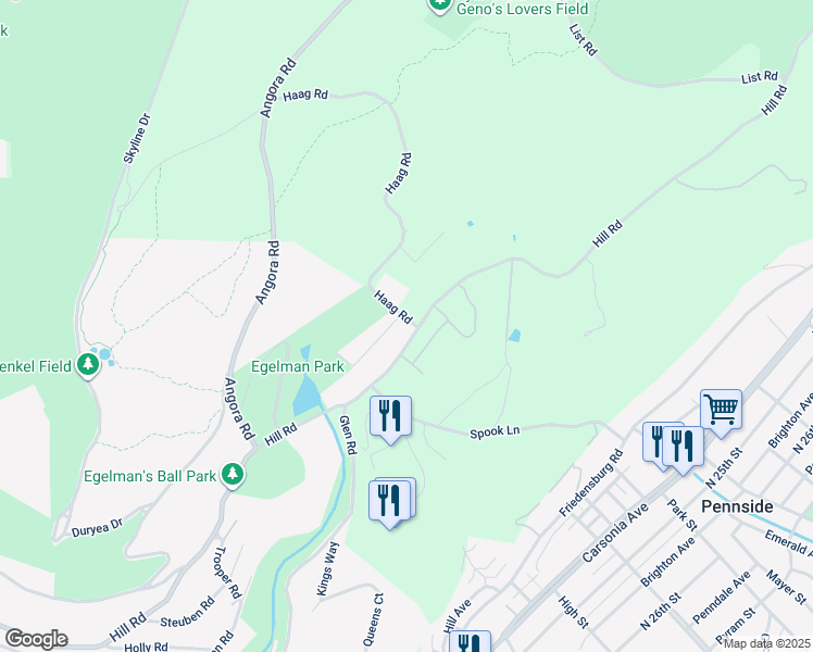 map of restaurants, bars, coffee shops, grocery stores, and more near 2618 Hill Road in Reading