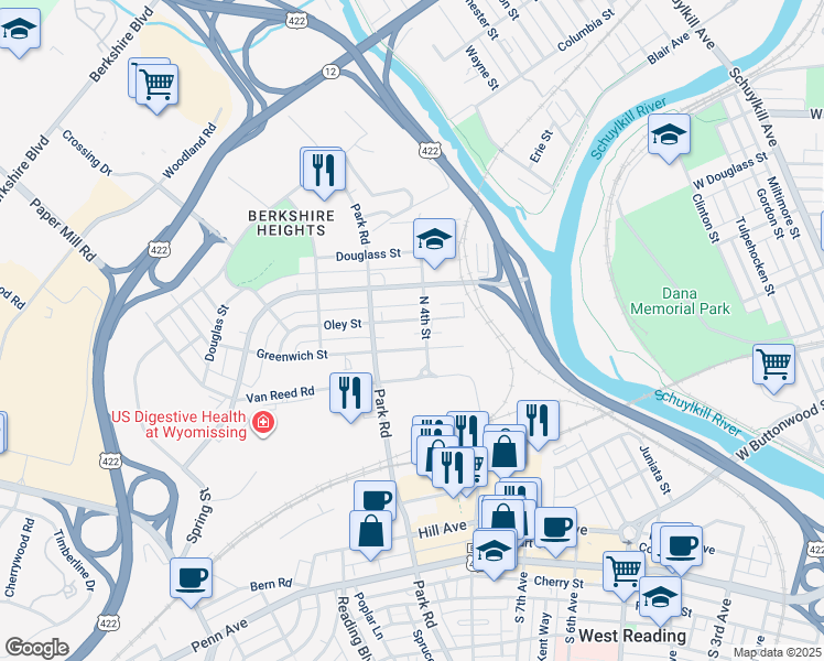 map of restaurants, bars, coffee shops, grocery stores, and more near 410 Oley Street in Wyomissing
