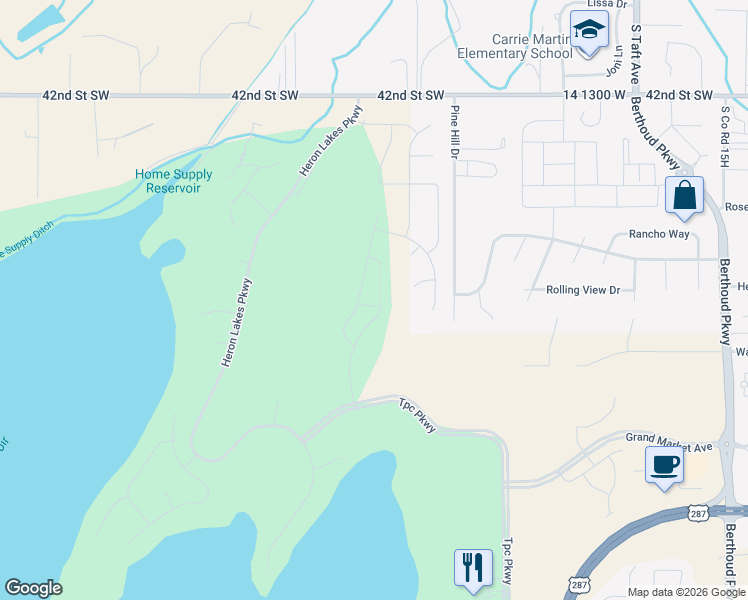 map of restaurants, bars, coffee shops, grocery stores, and more near 4773-4899 Pine Hill Drive in Loveland
