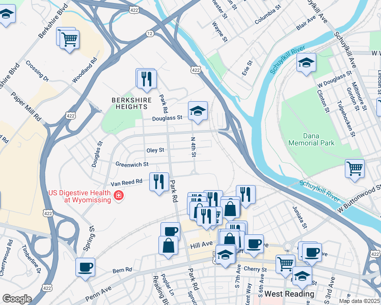 map of restaurants, bars, coffee shops, grocery stores, and more near 401 East Greenwich Street in Wyomissing