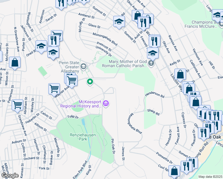 map of restaurants, bars, coffee shops, grocery stores, and more near 2300-2398 Eden Park Boulevard in McKeesport