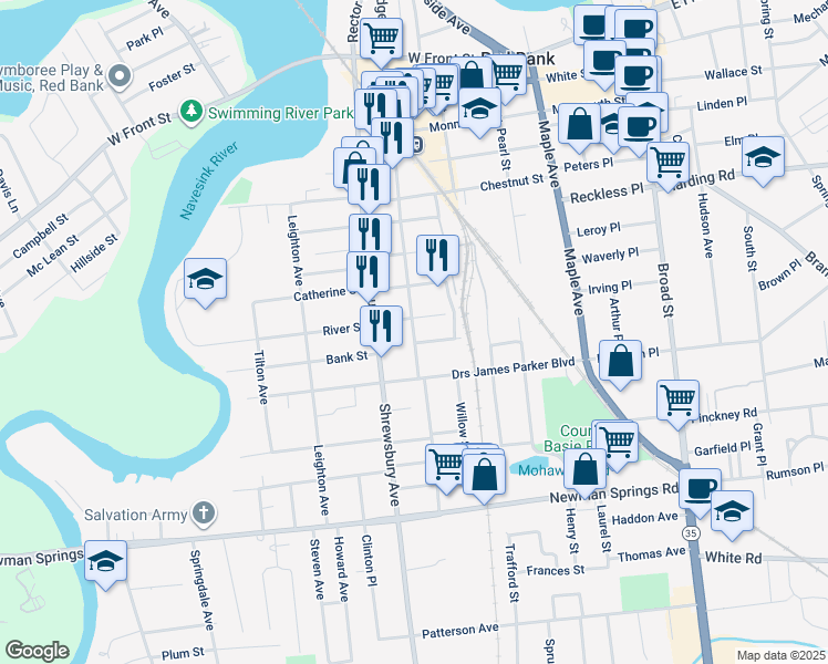 map of restaurants, bars, coffee shops, grocery stores, and more near 232 South Bridge Avenue in Red Bank