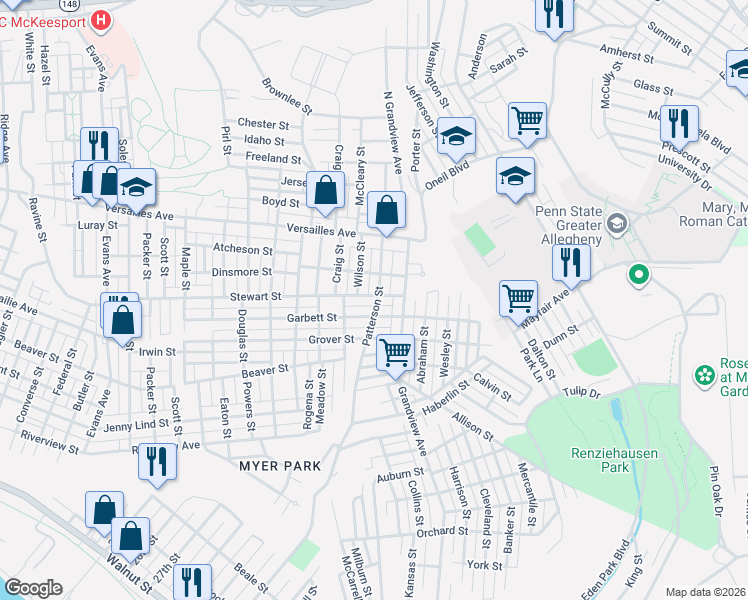 map of restaurants, bars, coffee shops, grocery stores, and more near 3407 Garbett Street in McKeesport
