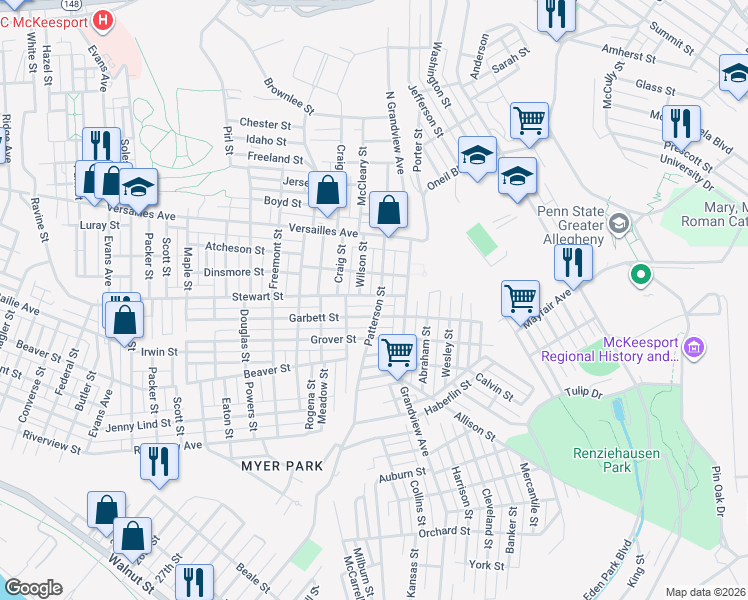map of restaurants, bars, coffee shops, grocery stores, and more near 3407 Garbett Street in McKeesport
