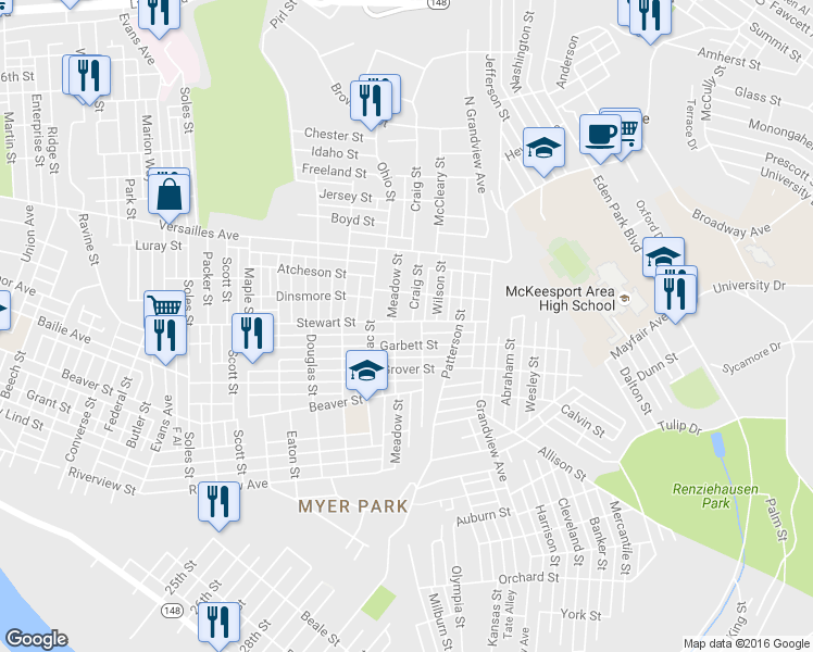 map of restaurants, bars, coffee shops, grocery stores, and more near 1510 Meadow Street in McKeesport