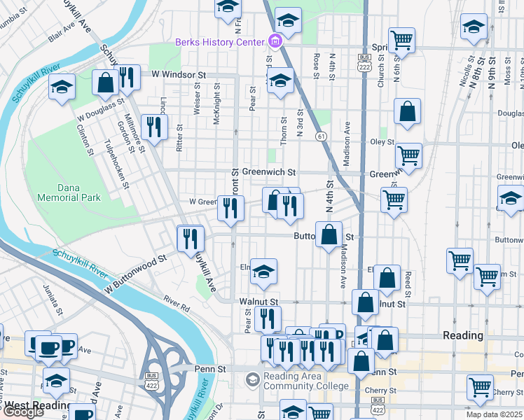 map of restaurants, bars, coffee shops, grocery stores, and more near 430 North 2nd Street in Reading
