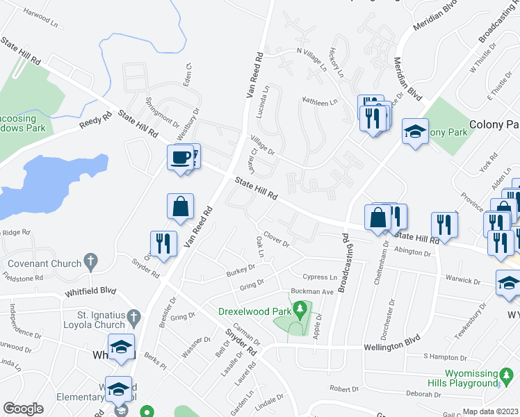 map of restaurants, bars, coffee shops, grocery stores, and more near 2020 Franklin Place in Wyomissing